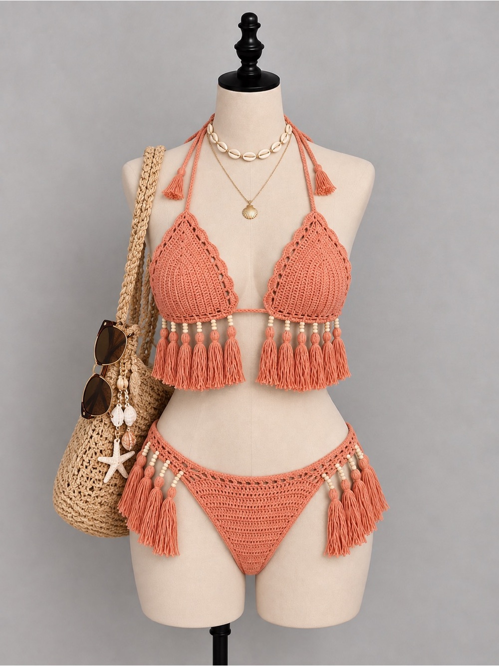 Crochet Fringe Bikini Set in Peach